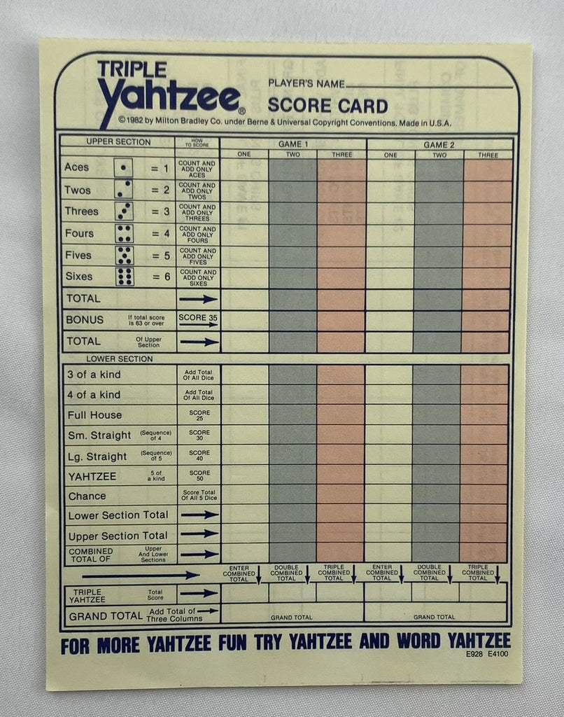 Triple Yahtzee Game - 1972 - E.S. Lowe - Good Condition | Mandi's Attic Toys triple-yahtzee-game-1972-e-s-lowe-good-condition-mandi-s-attic-toys