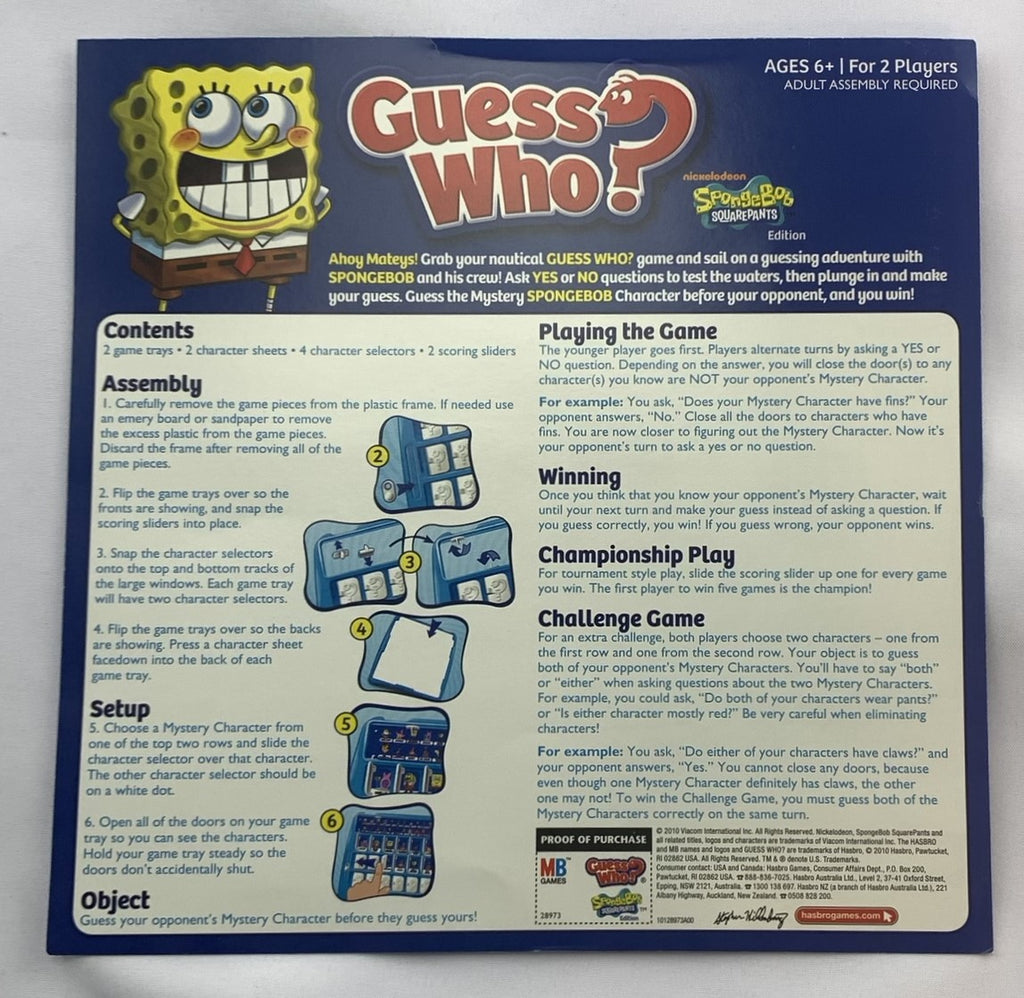 Spongebob Guess Who Game 2010 Hasbro Great Condition