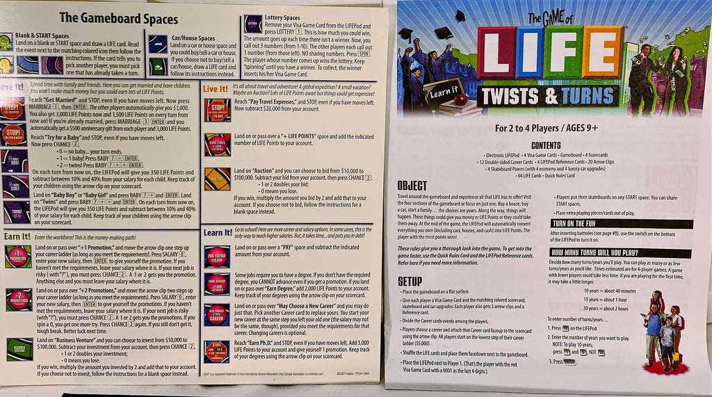 2007 Game of Life Twist & Turns Board Game Instruction Manual