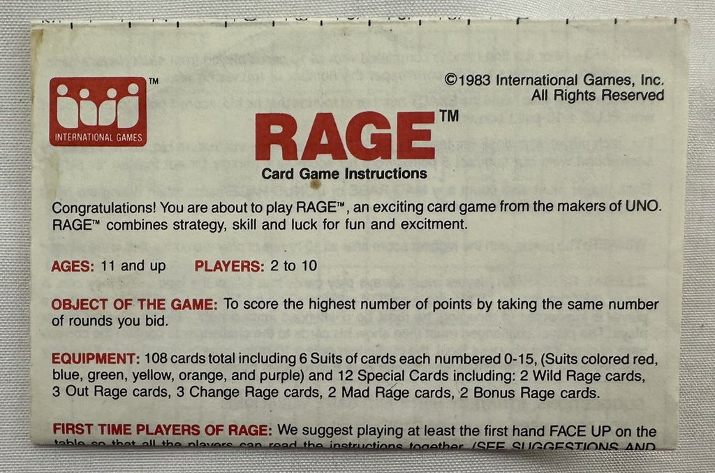 Janis Rage Card Rage Card Game - 1983 - International Games - Very Good Condition ...