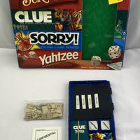 Family Game Night Book and 4 Pack Games Set Scrabble, Clue, Sorry, Yahtzee - 2001 - Hasbro - Good Condition