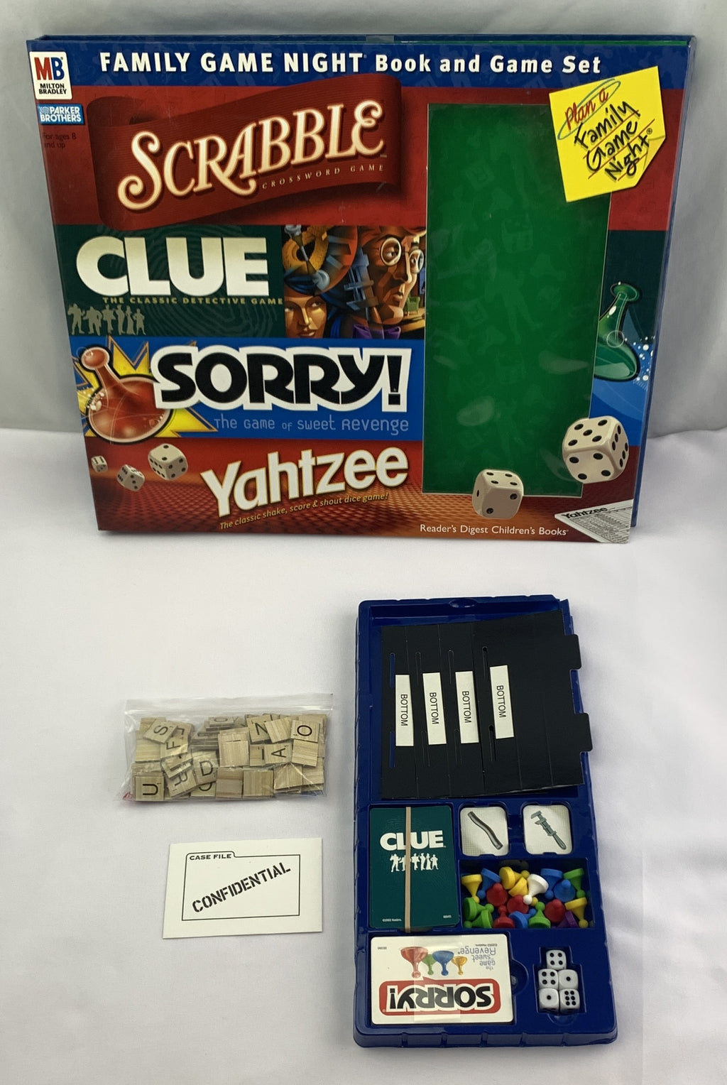 Family Game Night Book and 4 Pack Games Set Scrabble, Clue, Sorry, Yahtzee - 2001 - Hasbro - Good Condition