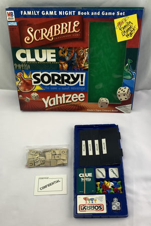 Family Game Night Book and 4 Pack Games Set Scrabble, Clue, Sorry, Yahtzee - 2001 - Hasbro - Good Condition
