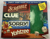 Family Game Night Book and 4 Pack Games Set Scrabble, Clue, Sorry, Yahtzee - 2001 - Hasbro - Good Condition
