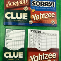 Family Game Night Book and 4 Pack Games Set Scrabble, Clue, Sorry, Yahtzee - 2001 - Hasbro - Good Condition