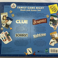 Family Game Night Book and 4 Pack Games Set Scrabble, Clue, Sorry, Yahtzee - 2001 - Hasbro - Good Condition