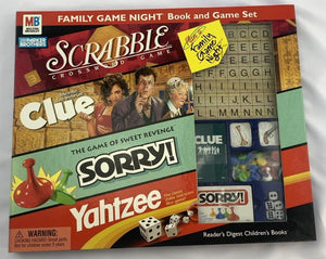 Family Game Night Book and 4 Pack Games Set Scrabble, Clue, Sorry, Yahtzee - 2001 - Hasbro - New/Sealed
