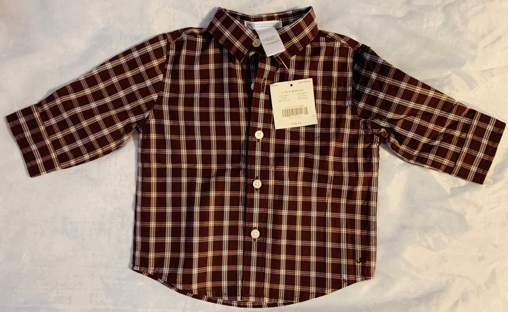 NWT New Janie and Jack 3-6 Months Brown White Plaid Button Up Shirt Boys