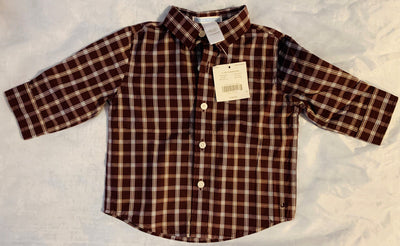 NWT New Janie and Jack 3-6 Months Brown White Plaid Button Up Shirt Boys
