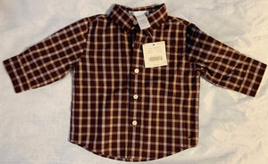 NWT New Janie and Jack 3-6 Months Brown White Plaid Button Up Shirt Boys