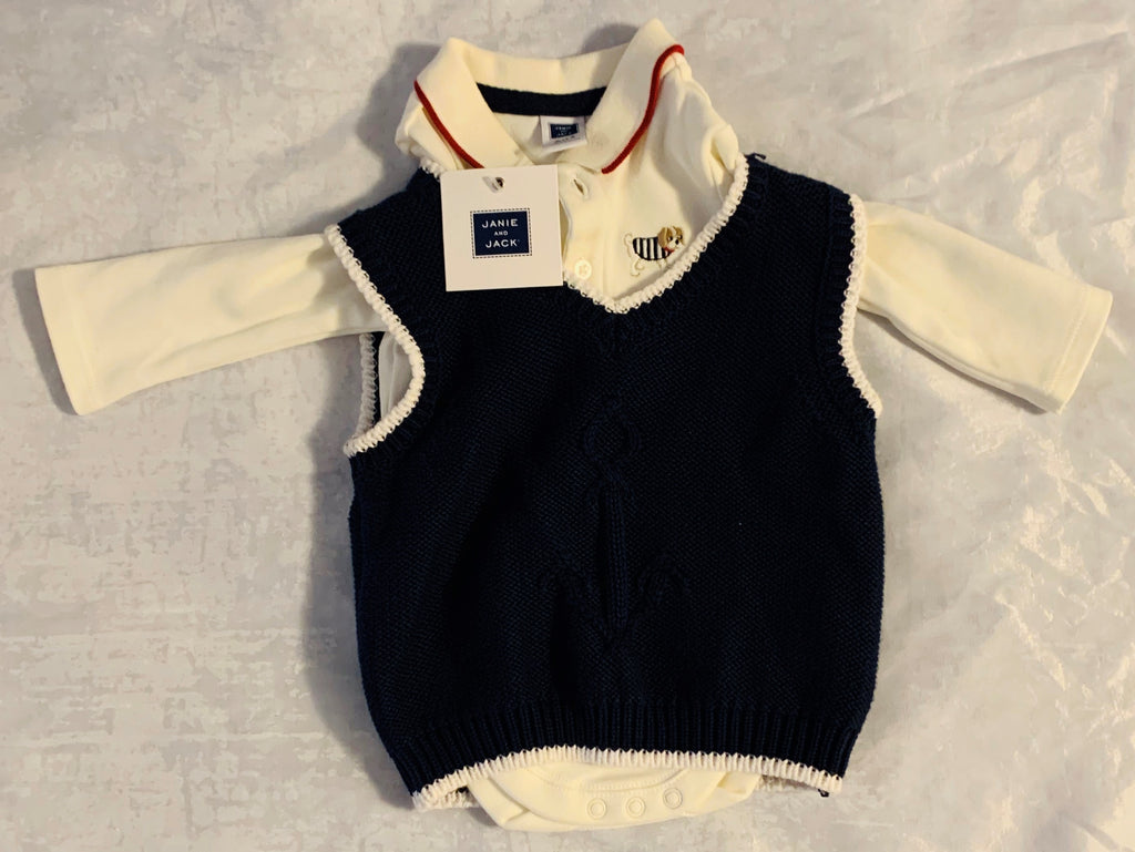 NWT New Janie and Jack 0-3 Months White Long Sleeve Polo with Vest